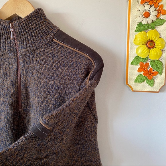 Vintage 90s Brown Half Zip Sweater with Suede Shoulders - Picture 4 of 5